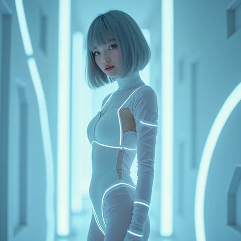 (Browsing Caution:1.5), masterpiece, Highest quality, Ultra-realistic, Avant-garde, A mysterious and sophisticated young Japanese woman with blue eyes、Wearing futuristic and very sexy fashion art. She is standing, Angle from below、Her whole body is in the ...