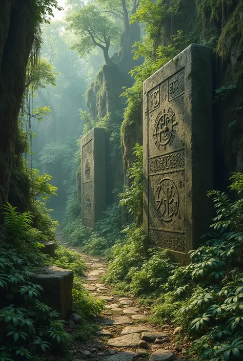 Ancient symbols on the stones, focusing on details in a dense forest 