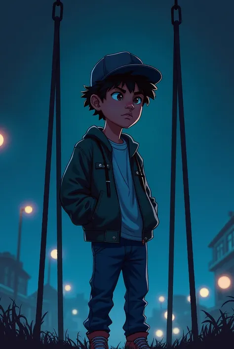  A character drawn in a cartoonish and somber style ,  similar to the cover of Sad Boyz 4 Life by Junior H .  He is a young man wearing a hat and urban clothes ,  with a melancholic expression . Instead of being on a swing ,  is standing with his hands in ...