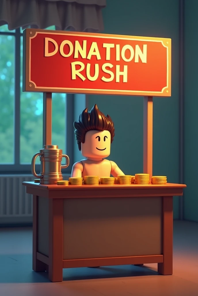 A booth with a cool sign and table in Roblox,of donations put , y on the sign that says ,Donation rush , head on,  looking at the spectator, With coins on the table, Simple background ,without anyone,just the position,no character,just the position de dona...