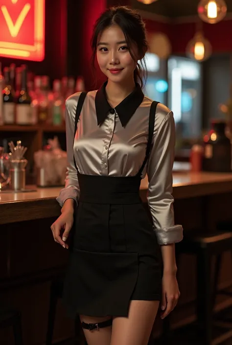 A girl waitress from a nightclub. What if or if I have a black short.  To wear a silver blouse with a black collar or a Chinese collar. That he wears a black half apron. That he wears a leg harness over the black shorts.