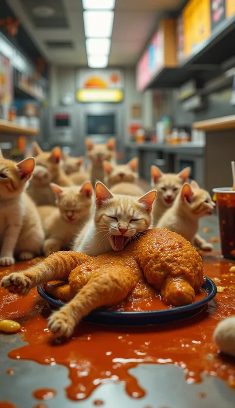 In a chaotic McDonald's, a large group of small mischievous cats has taken over the place. The once orderly kitchen is now a mess, with overturned boxes, spilled sauces, and scattered napkins. Amid the destruction, the tiny cats feast on a large chicken, t...