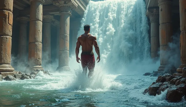 create a image hiperrealist of Hercules, standing in a massive, filth-covered stable, redirects two raging rivers with sheer strength, causing a powerful flood to wash away centuries of filth. Water crashes against stone, creating a visually stunning, high...