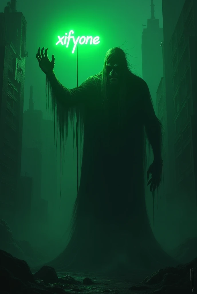 A green and dangerous silhouette reaches out to the screen and holds a green neon "XifyOne" sign in its hand