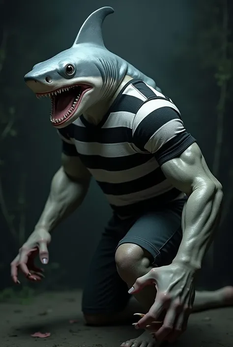 Create a shark-faced creature with the body of a man wearing a black and white striped shirt 