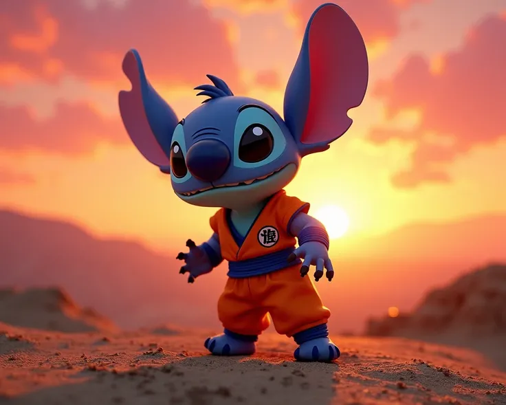 Stitch in a sunset landscape dressed as a Dragon Ball