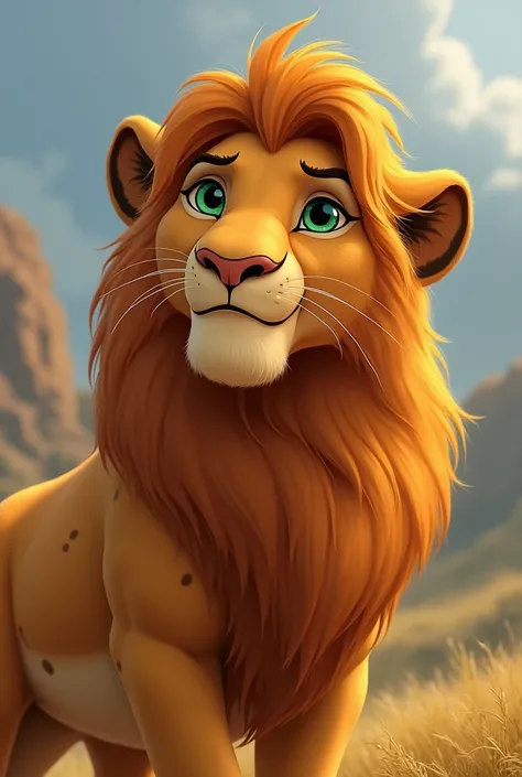 An adult lioness with a unique look.

coat:  Golden beige with some dark spots 

eyes:  Light greens . Lion King cartoon movie 1998