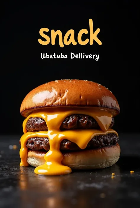 Make a cover for an ifood diner,  with black background, A hamburger with 2 hamburgers dripping cheese, It says snack on the box above, And below Ubatuba delivery