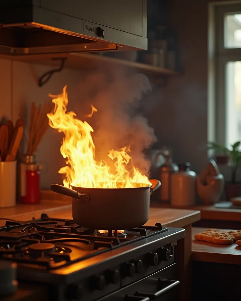  pot on fire on the stove , black smoke coming out , E um homem ,From the apron of 'MasterChef de Ultima Hora, Terrified of mistakenly throwing water with a plant watering can. details:  forgotten fire extinguisher in the corner , charred food flying ,  an...