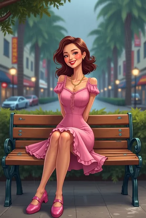 Tip: A very lovely  beautiful Asian American woman being happy alone on a bench in Downtown San Diego in the rain.. The illustration is a high definition illustration with 4k resolution., with highly detailed facial features and cartoon style visuals, pink...