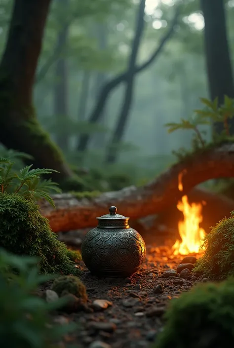 Create an image of a snuff jar in the forest next to a fire 