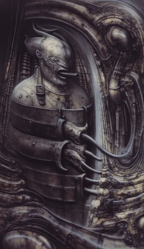 DARK BLACK COLORS, Giger_style, H. R. Giger's g1g3r, , Giger_style, The image is a detailed view of H.R. Giger's \" HRG Aleph \" plate, featuring ( The image depicts intricate, organic-like mechanical structures with a dark, metallic appearance, resembling...