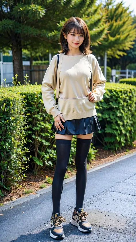 (8k、 RAW Photo、 top quality、 Masterpiece:1.2)、( by Nomi、 by Nomi)、1 person、(( brown sweater 、 big breasts、 tights、 medium hair、Black Checkered Mini Skirt 、garden、 sneakers、smile、whole body、 Read more、 standing with hands on hips))、 cute