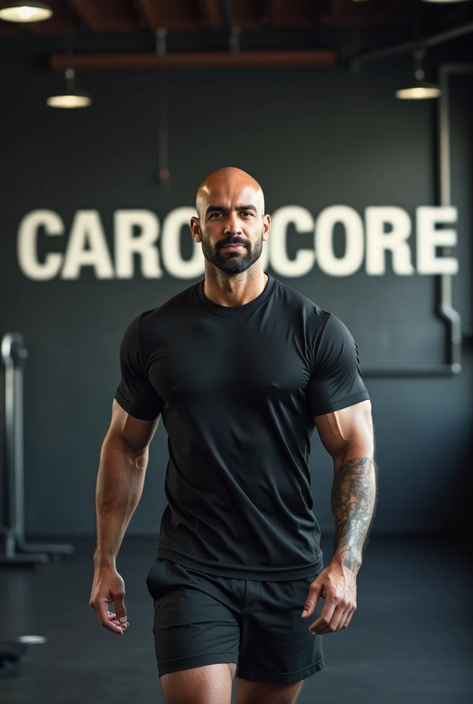 A bald fitness trainer with a full team behind him is working out in a large gym. Cardio and bodyweight exercises are all motivation, energy and happiness. Written behind him in large letters is cardiocore