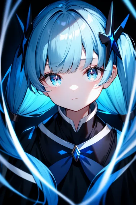 perfect quality, clear eyes, 4k quality, 1girl, blue hair, long pigtails, ligh blue eyes, black dress with blue stripes.