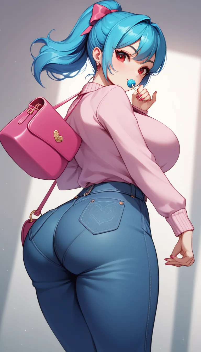 ((Busty Bitches)), score_9, score_8_up, score_7_up, source_anime, highly detailed, 1girl, ultra cute, ultra sexy, ultra curvy, ultra bouncy, ultra feminine, large breasts, ecchi, cutesy , Bratz doll, blue ponytail hair , pov: from behind, perfect ass, cute...