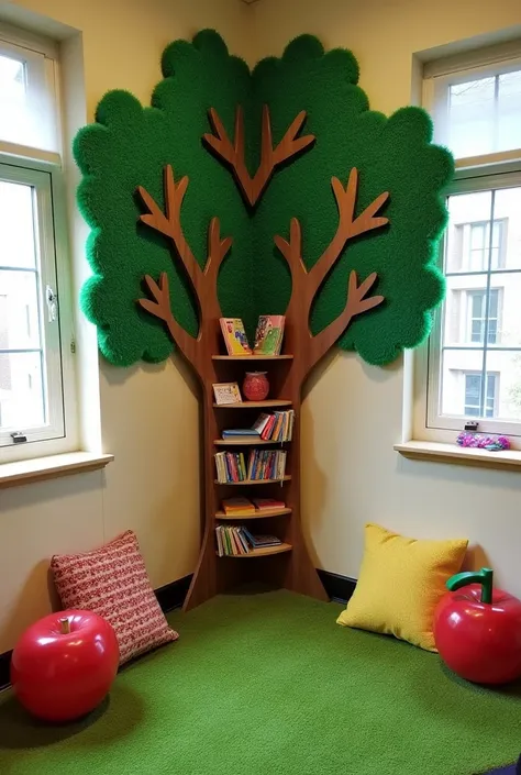 I create a reading space for a preschool classroom with a tree in a corner that covers 2 walls that is not very large, the artificial grass floor, cushions in the shape of flowers and bookcase in the shape of an apple.