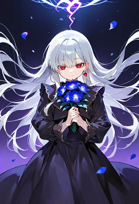  masterpiece,  better quality,  ultra-detailed, 748cmstyle, a young girl with long silver hair and red eyes Brillanti is in a garden illuminated by the moon,  surrounded by dark roses and floating petals ,  her dark clothes are fringed and flows elegantly ...