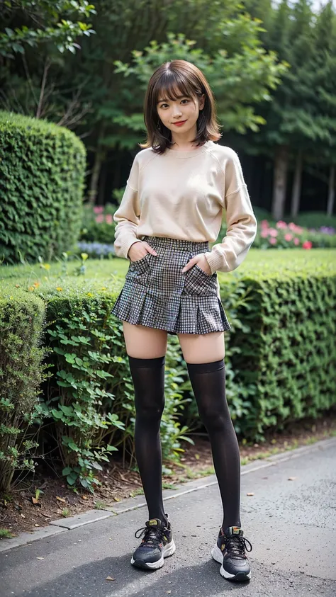 (8k、 RAW Photo、 top quality、 Masterpiece:1.2)、( by Nomi、 by Nomi)、1 person、(( brown sweater 、 big breasts、 tights、 medium hair、Black Checkered Mini Skirt 、garden、 sneakers、smile、whole body、 Read more、 standing with hands on hips))、 cute