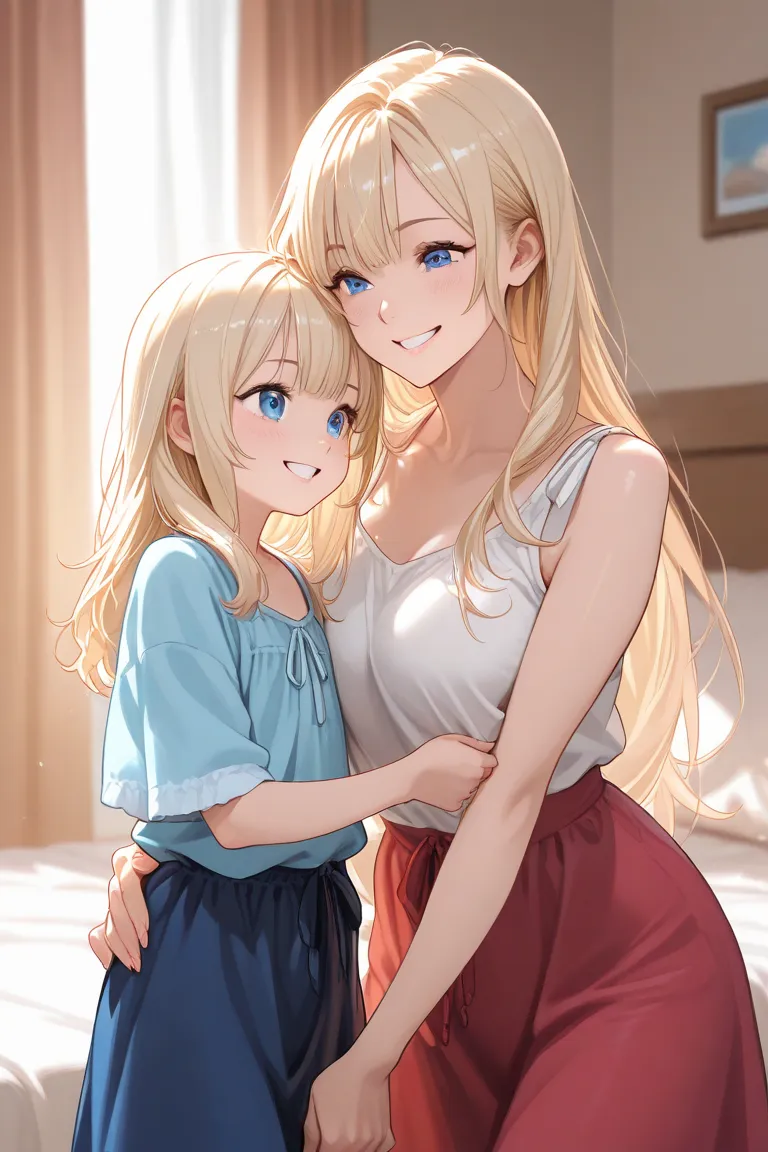 2 people, smiling cheerful mother with very long down loose blonde hair down to her hips and blue eyes, and her age daughter, in her bedroom on a hot sunny summer day