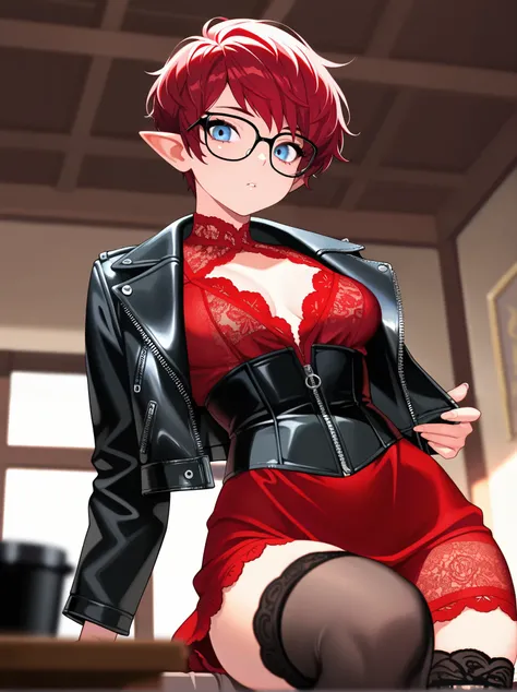 1woman, solo, adult female, androgynous, short hair, pixie cut, blue eyes, red hair, pointy ears, black glasses, medium breast, black corset, black thigh highs, red lace dress, black leather jacket unzipped, Blurred foreground,depth of field, masterpiece,b...