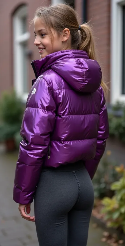 Backside diagonally photo from side behind of a sweaty hot wet cute beautiful darkblonde furtuned dutch spanish italia young posing age femboy wearing plum lilac-chromatic iridescent northface shiny pvc puffy cropped short puffer jacket, very short shiny b...