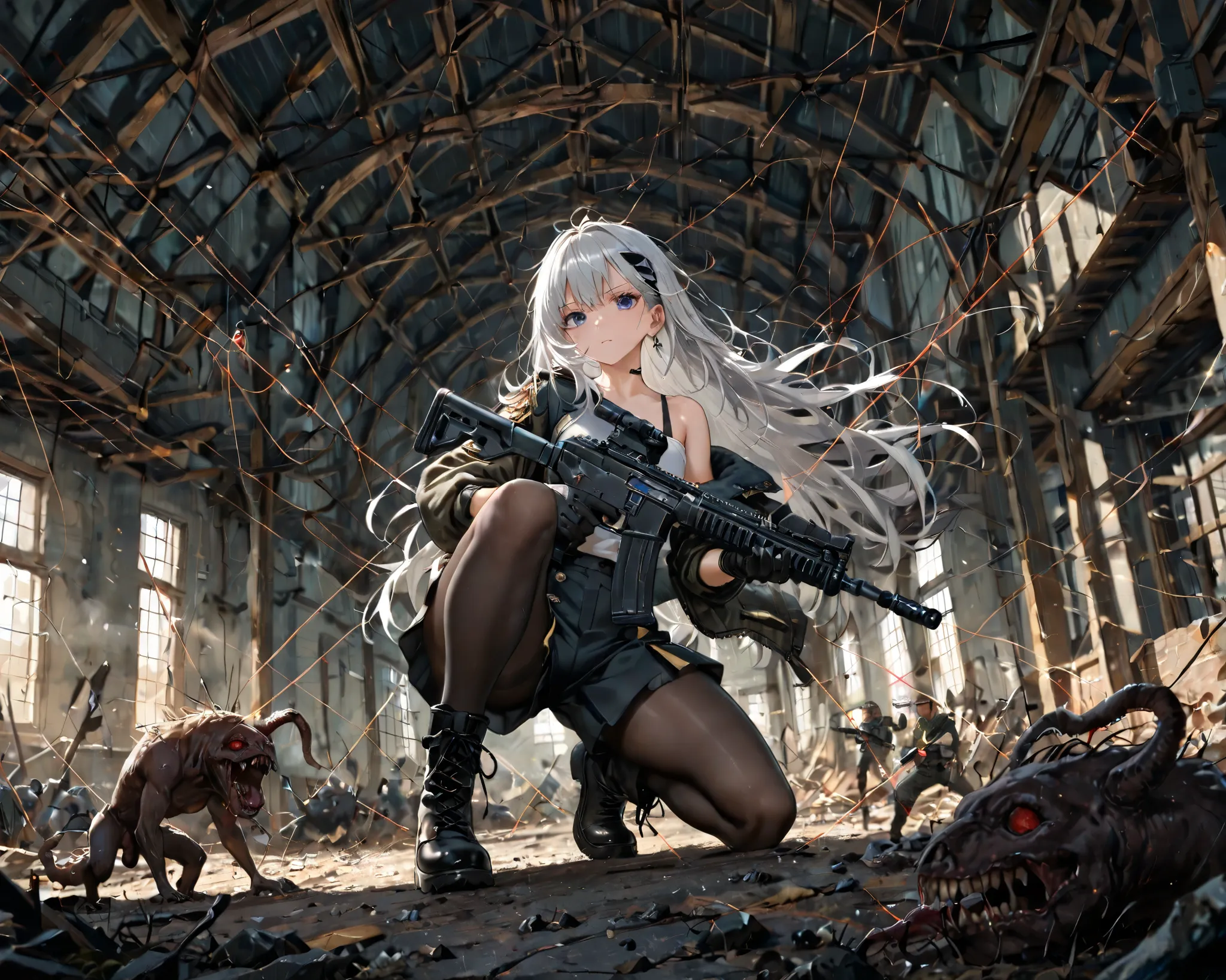 A cool silver-haired woman with assault rifle pointed at the enemy, messy hair, medium chest, jacket, military gloves, one-shoulder shirt, bra strap, culottes, black tights, boots with strings, holding a gun while squatting, one knee, outdoors, battlefield...