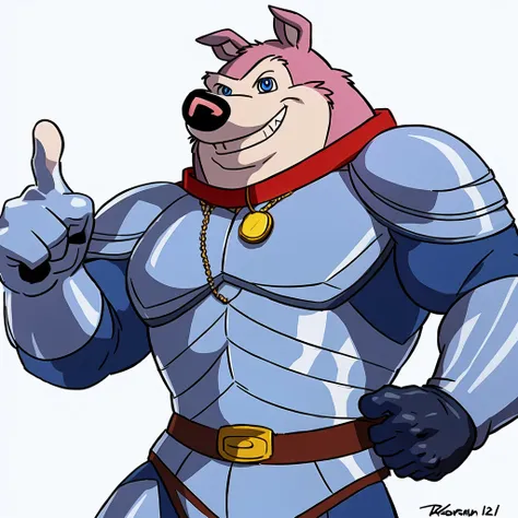  Exiles  ( Road Rovers ), Pink fur, Light pink fur, human, Pointed ears, ,  alone,  whole body ,  Muscle ,  Pectoral ,(pig), red  collar,  coins, pet tags ,  high quality smile,  best resolution, Cell shade, ( blue eyes,  fine eyes):1.1, Silver uniform , S...