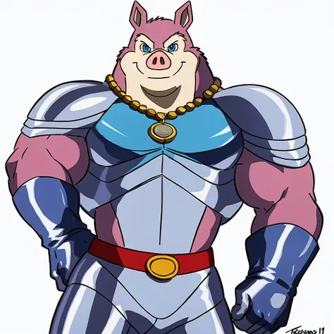  Exiles  ( Road Rovers ), Pink fur, Light pink fur, human, Pointed ears, ,  alone,  whole body ,  Muscle ,  Pectoral ,(pig), red  collar,  coins, pet tags ,  high quality smile,  best resolution, Cell shade, ( blue eyes,  fine eyes):1.1, Silver uniform , S...