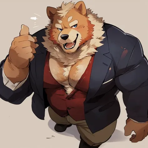 dog, furry, chow chow, handsome, very muscular, very big, extremely hot and sexy, beard, hair, chest hair, charming eyes, solo, male, happy expression, daddy, full body, big body, clothes, middle aged, by hyaku, by darkgem, by glitter trap boy