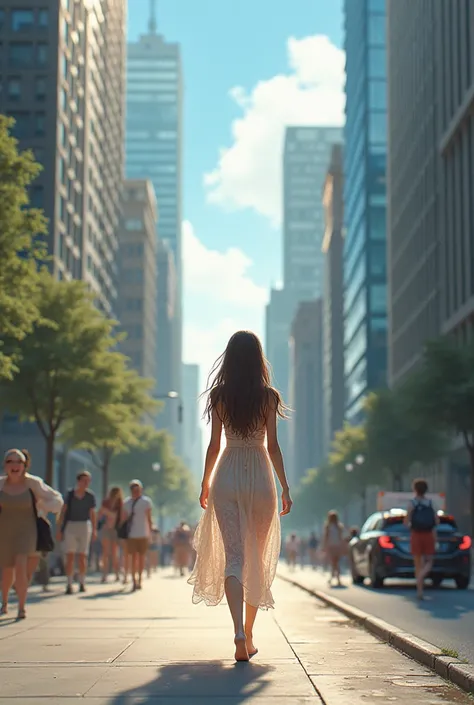 Girl walking into the city 