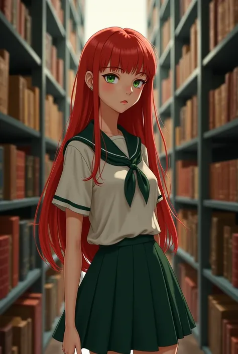  Young Woman, thin ,  pale complexion , emerald green eyes , long red hair , In school uniform in a university library 