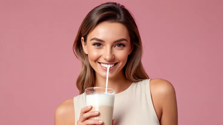 hyper-detailed friendly looking cheerful woman looking into the camera, torso turned a bit away from the camera, wearing minimalistic smooth beige sleeveless top, drinking a milky white beverage from a minimalistic clear glass, pink background