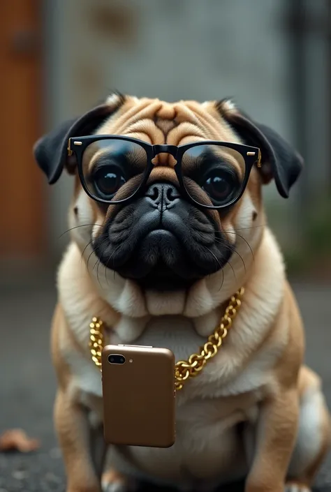 a very cheerful anthropomorphic little pug dog, with thin sunglasses holding a smartphone, golden necklace around his neck, the little dog's hard work in difficult conditions, creating a touching and melancholic scene
