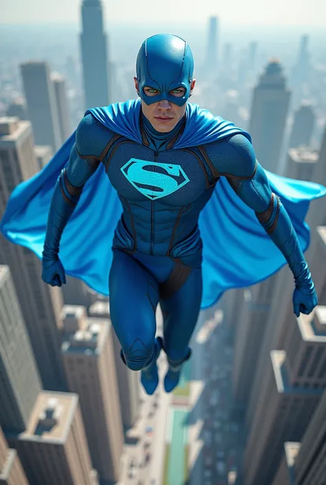 My super hero is fast in blue clothing, green eyes, can fly and is a builder