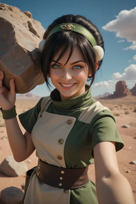 "Photorealistic, ultra-detailed image of a young woman cosplaying as Toph Beifong, taking a selfie. Focus on foreground, sharp. Fair skin, bright blue eyes, slight smile. Short black hair, green and tan headband, white hair ornament. Green tunic, tan colla...