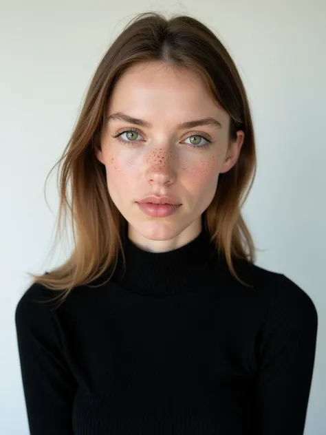 
Her face is slightly rounded, with soft and well-proportioned cheekbones. Her skin is fair and adorned with delicate freckles scattered mainly across her nose and cheeks, adding a natural and youthful charm.
Her eyes are large and expressive, with a light...