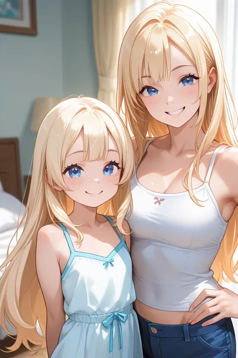 2 people, smiling cheerful mother with very long down loose blonde hair down to her hips and blue eyes, and her teenage daughter, in her bedroom on a hot sunny summer day