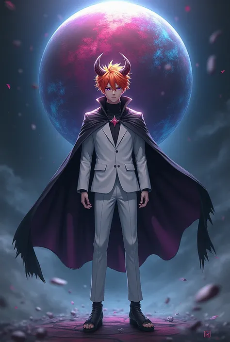 Uzumaki Naruto with red hair wearing a white suit and a black cape, It has horns on the back of its head and with full-bodied purple eyes, Some sphere behind the back  