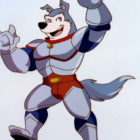 Exile (Road Rovers), blue fur, white fur, anthro, pointy ears, pig, solo, full body, muscular, pectorals, red dog collar, pet tag coin, smile, high quality, best resolution, cel shaded, light pink eyes, detailed eyes, silver uniform, silver armor, silver g...