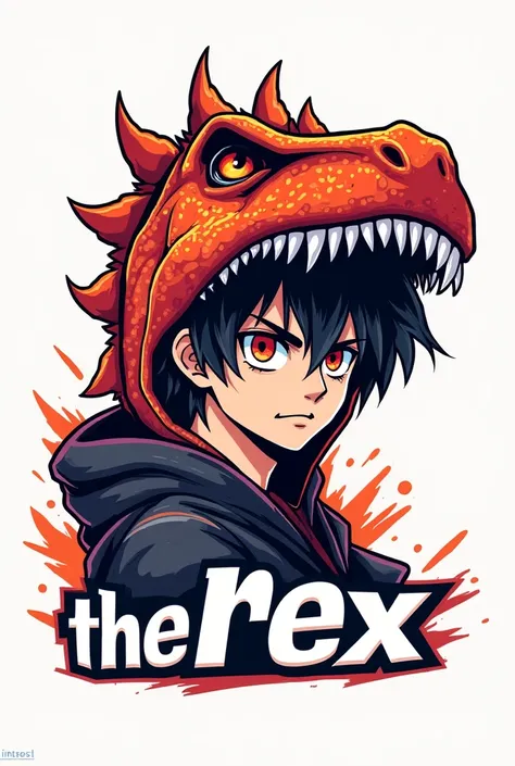 Generate a logo of a human with a dinosaur hat in the anime astectick mode and it's really cool and aggressive and underneath the logo say " the rex " 