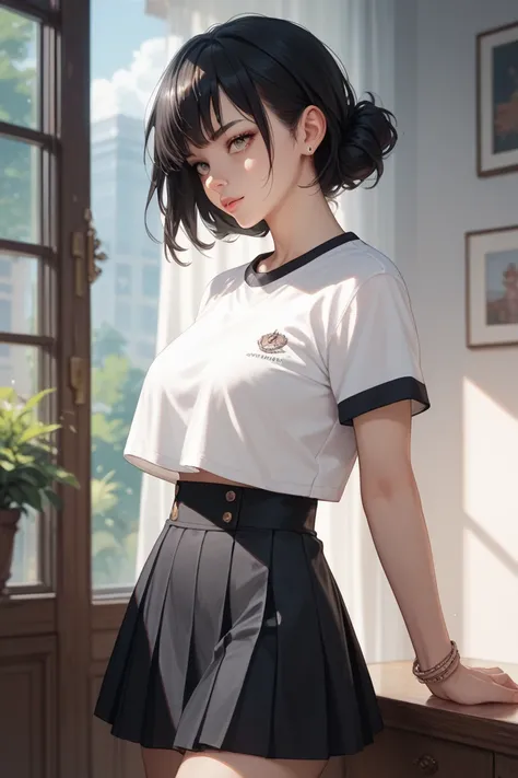  White woman, with straight and long black hair,Wear a basic red short sleeve shirt, black skirt ,  anime style