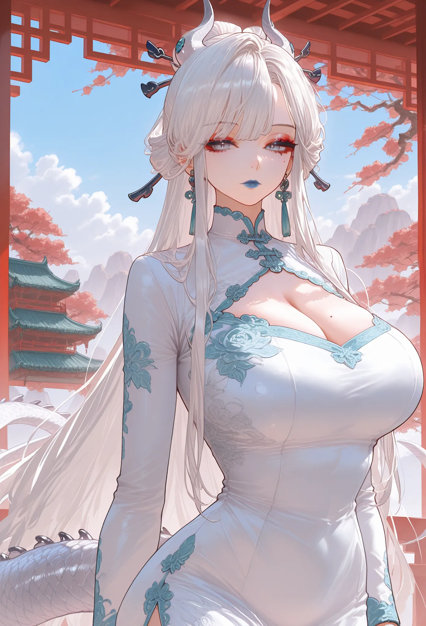 (Silver dragon tail), mixed_artwork style, long hair, white hair, sidelocks, side bangs, silver eyes, perfect eyes, (sharp eyes), white dress, Mole under eye, curvy, (massive chest), White outline, (expressionless), Sensual woman, Seductive woman, Mature f...