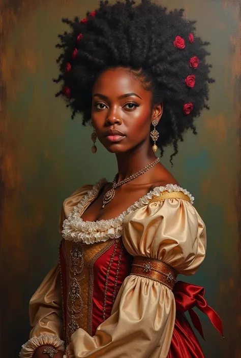  the best quality,  work of art,  Oil painting on canvas , (a painting, Medieval gala dress with rose embroidered details is worn by an African-American woman with a beautiful medieval hairstyle good resolution 
