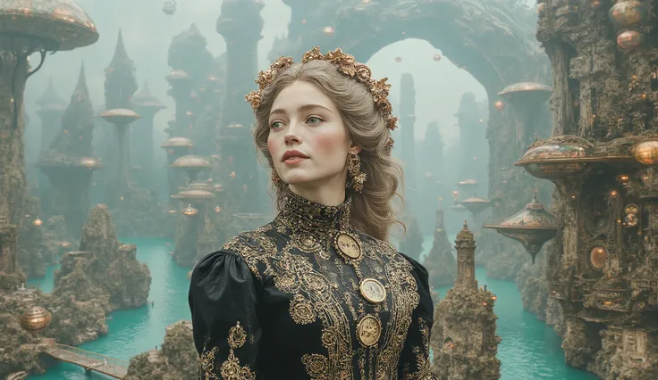 A detailed illustration of a futuristic universe that combines steampunk aesthetics and ecological architecture .  in the foreground,  an elegant young woman embodies the steampunk spirit :  she wears a black dress adorned with intricate gold embroidery , ...