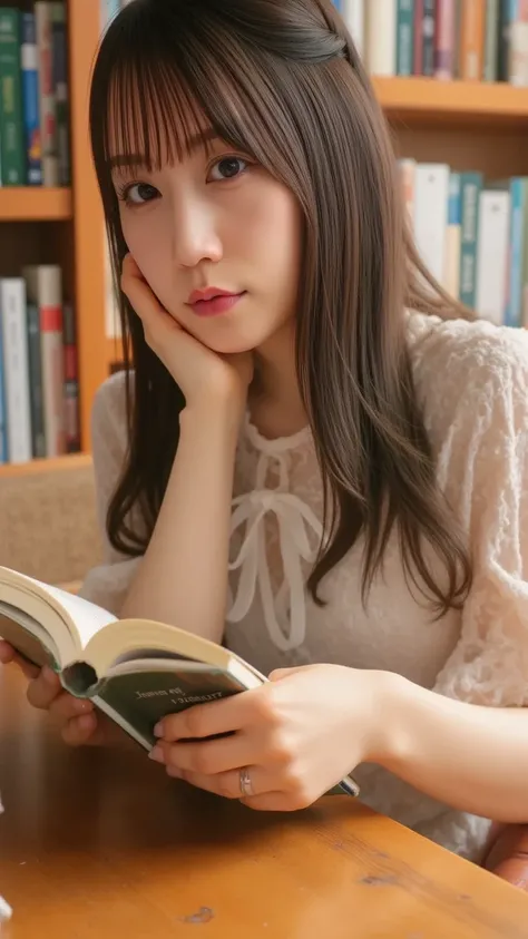 "A smart-looking woman with glasses is sitting at a wooden table in a cozy library, reading a book. She has an intellectual and focused expression. The background is filled with bookshelves lined with books, and warm lighting creates a serene atmosphere. S...