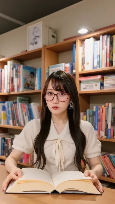 "A smart-looking woman with glasses is sitting at a wooden table in a cozy library, reading a book. She has an intellectual and focused expression. The background is filled with bookshelves lined with books, and warm lighting creates a serene atmosphere. S...