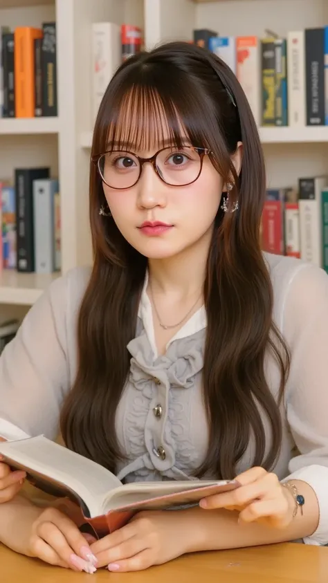 "A smart-looking woman with glasses is sitting at a wooden table in a cozy library, reading a book. She has an intellectual and focused expression. The background is filled with bookshelves lined with books, and warm lighting creates a serene atmosphere. S...