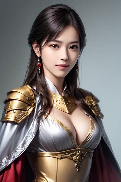 ((female warrior upper body)),((Wears silver, gold, and red steel armor and cloak:1.5)),1 person,  black hair,  (((Real Face))),  berry shortcuts,((Big breasts and cleavage)),  high-definition face and skin texture with eyes closed with a smile  ,   starin...