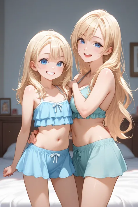 2 people, smiling cheerful mother with very long down loose blonde hair down to her hips and blue eyes, and her age daughter, in her bedroom on a hot sunny summer day